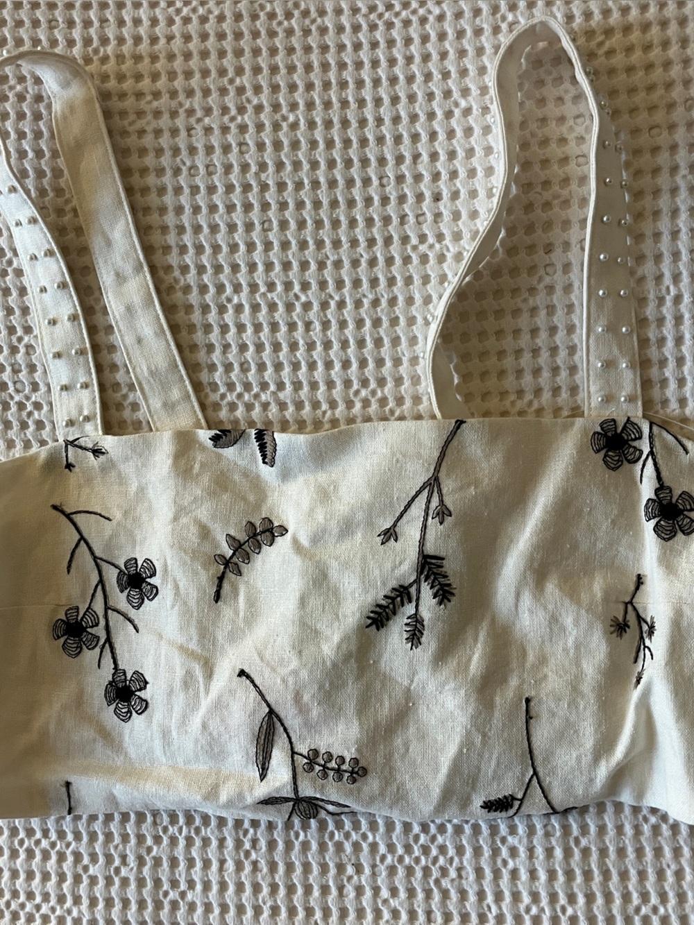 House of Harlow 1960 Cream Tank with Black Floral Embroidery